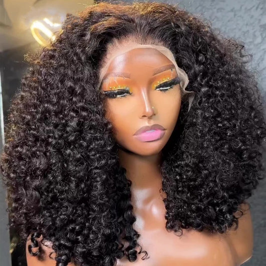 Mannequin head with a wig featuring curly hair on a neutral background