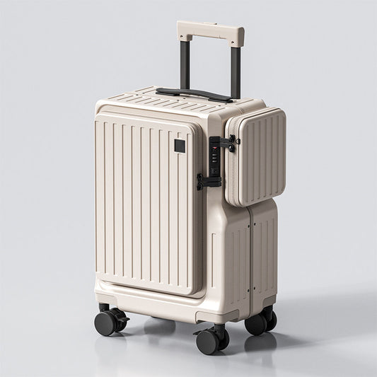 Beige suitcase with black wheels and handle on a light gray background