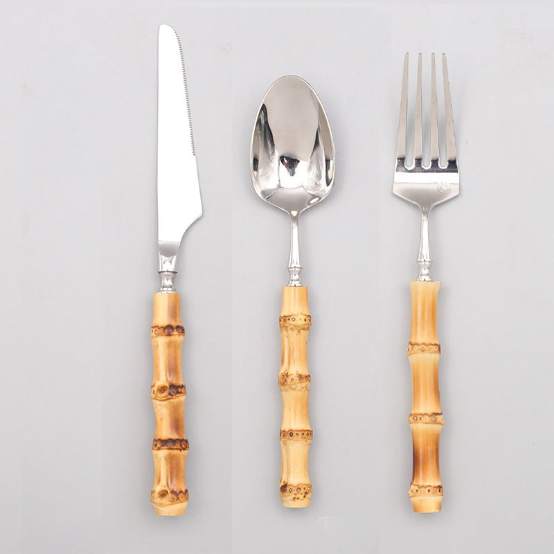 Ins Western Stainless Steel Steak Net Red Ice Cream Spoon Knife And Fork - Bamboo Handle Set