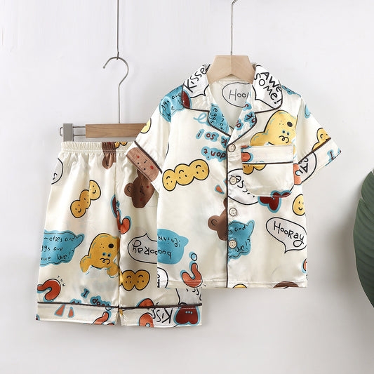 Boys' And Girls' Cartoon Home Ice Silk Short Sleeve Homewear Lightweight Comfortable Pajamas Suit