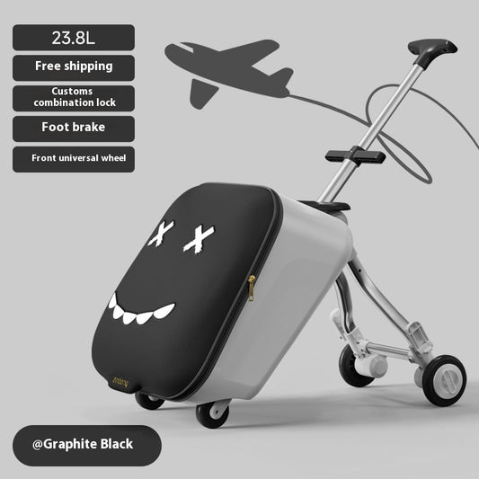 Black and white suitcase with smiley face design on a gray background