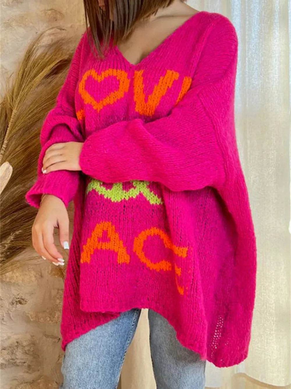 Peace Graphic V-Neck Long Sleeve Sweater - Millivan supplies