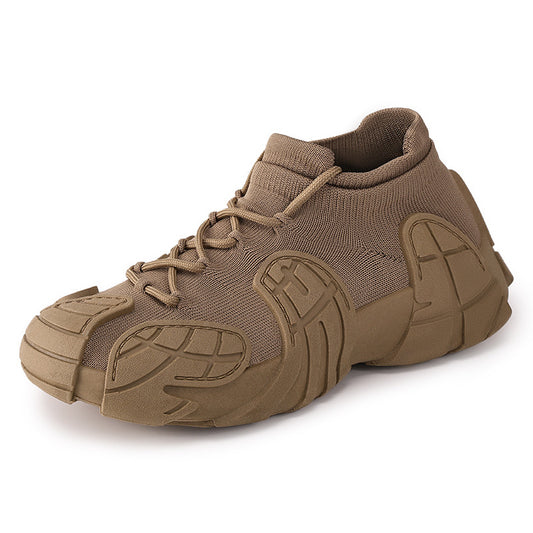 Brown sneaker with unique sole design on a white background