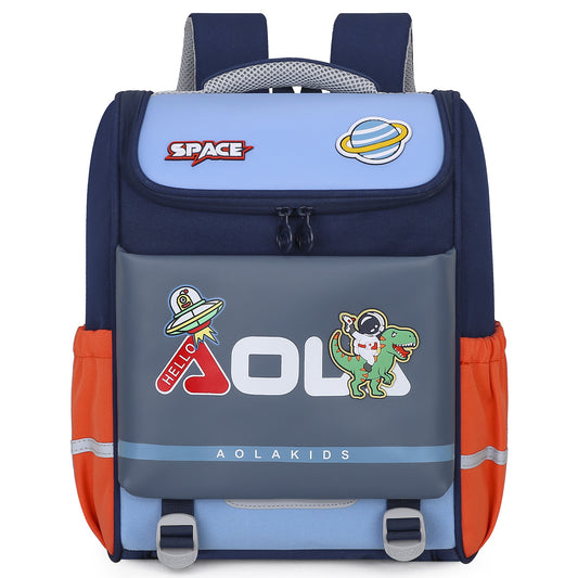 Children's backpack with space-themed design and visible brand logo on a white background