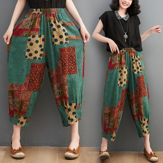 Women's Cotton And Linen Casual Plus Size Printed Ninth Harem Pants