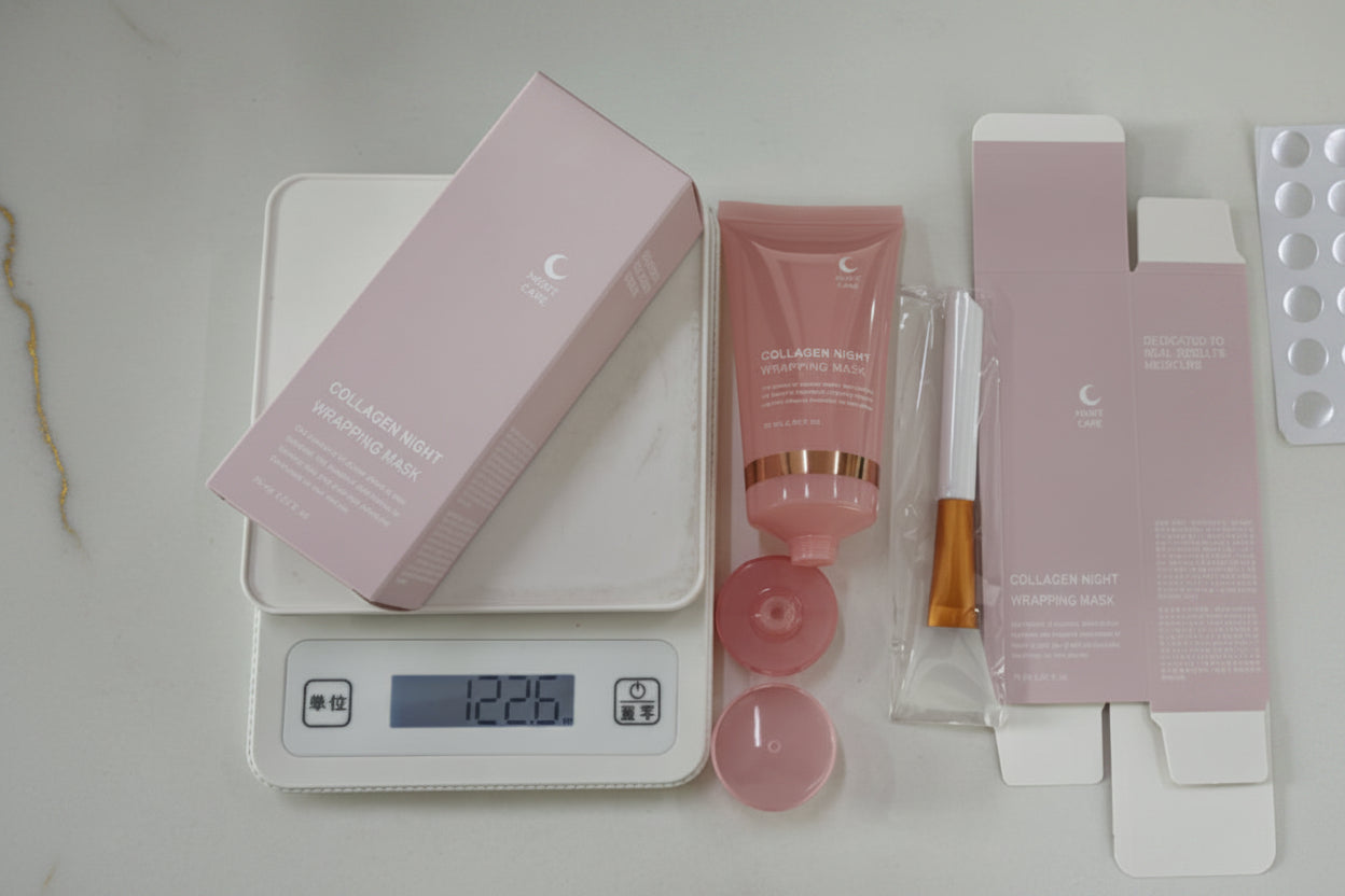 Cosmetic set with pink packaging on a digital scale