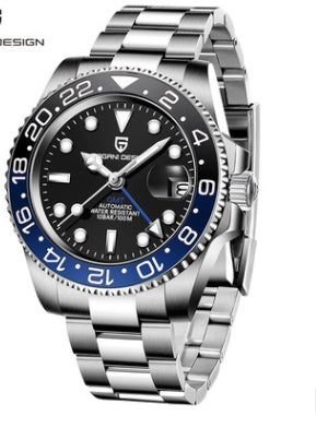 Silver watch with black and blue face on a white background