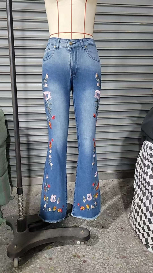 Women's Embroidered Wide-Leg Flare Jeans | Sapphire Blue | S–2XL