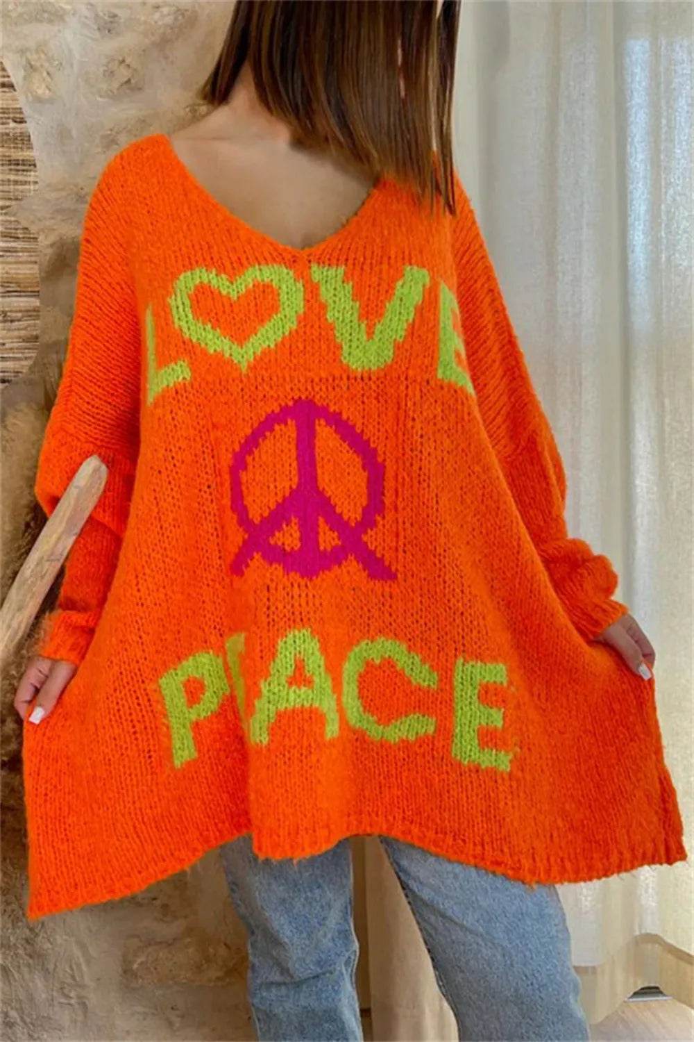 Peace Graphic V-Neck Long Sleeve Sweater - Millivan supplies