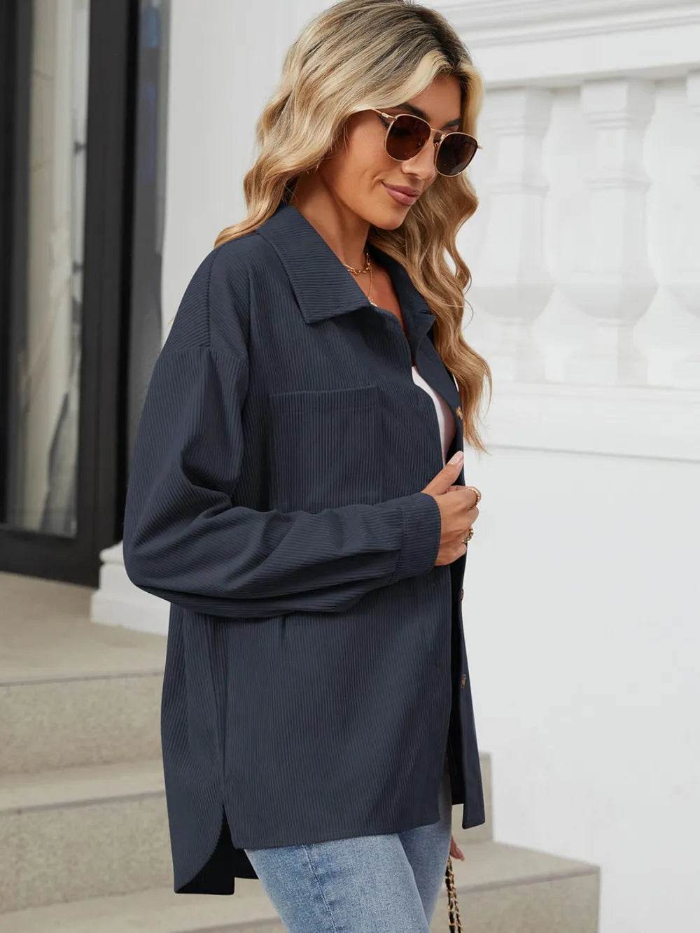 Button Up Dropped Shoulder Long Sleeve Outerwear - Millivan supplies