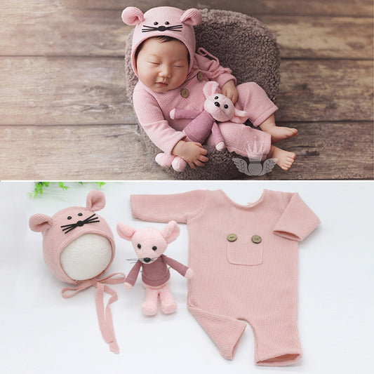 Three-piece Soft Knitted Jumpsuit, Hat, Doll And Mouse
