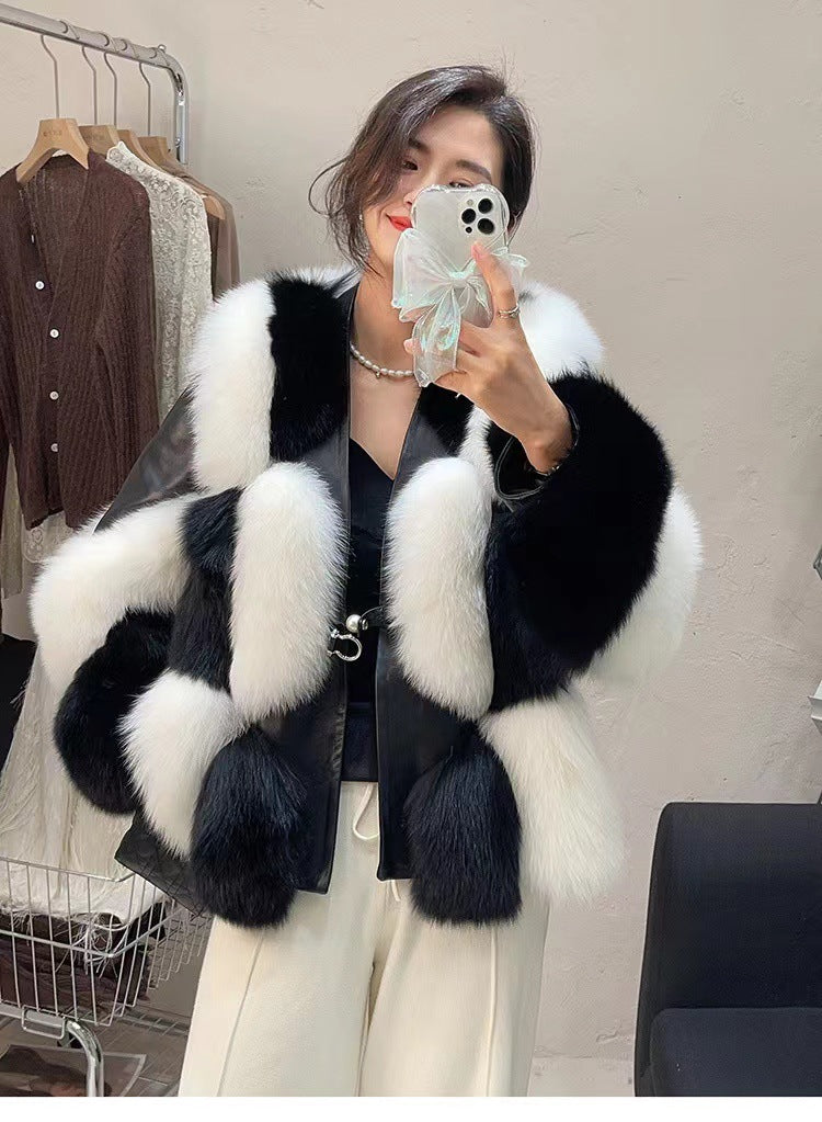 Women's Black & White Contrast Fur Coat - Adult Luxury Winter Outerwear