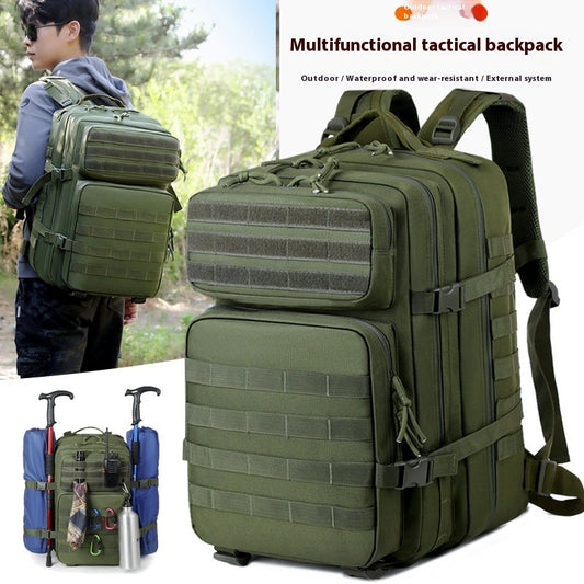 Green multifunctional tactical backpack with additional blue backpack on a white background