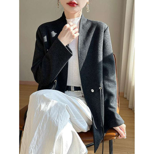 Women's Cashmere-Blend V-Neck Knit Cropped Blazer | Black & Light Gray | M–XL