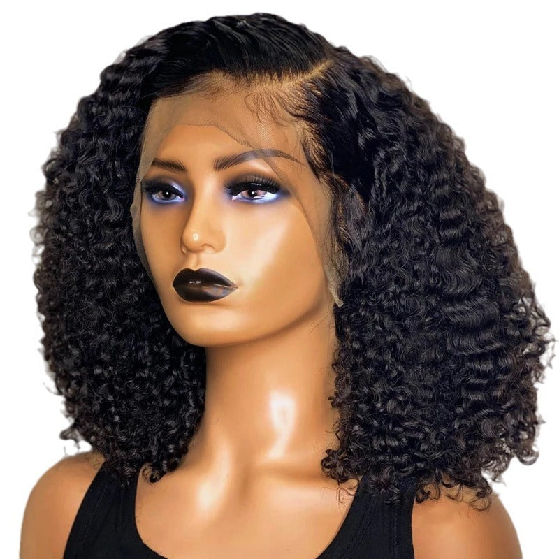 Mannequin head with a black curly wig on a white background