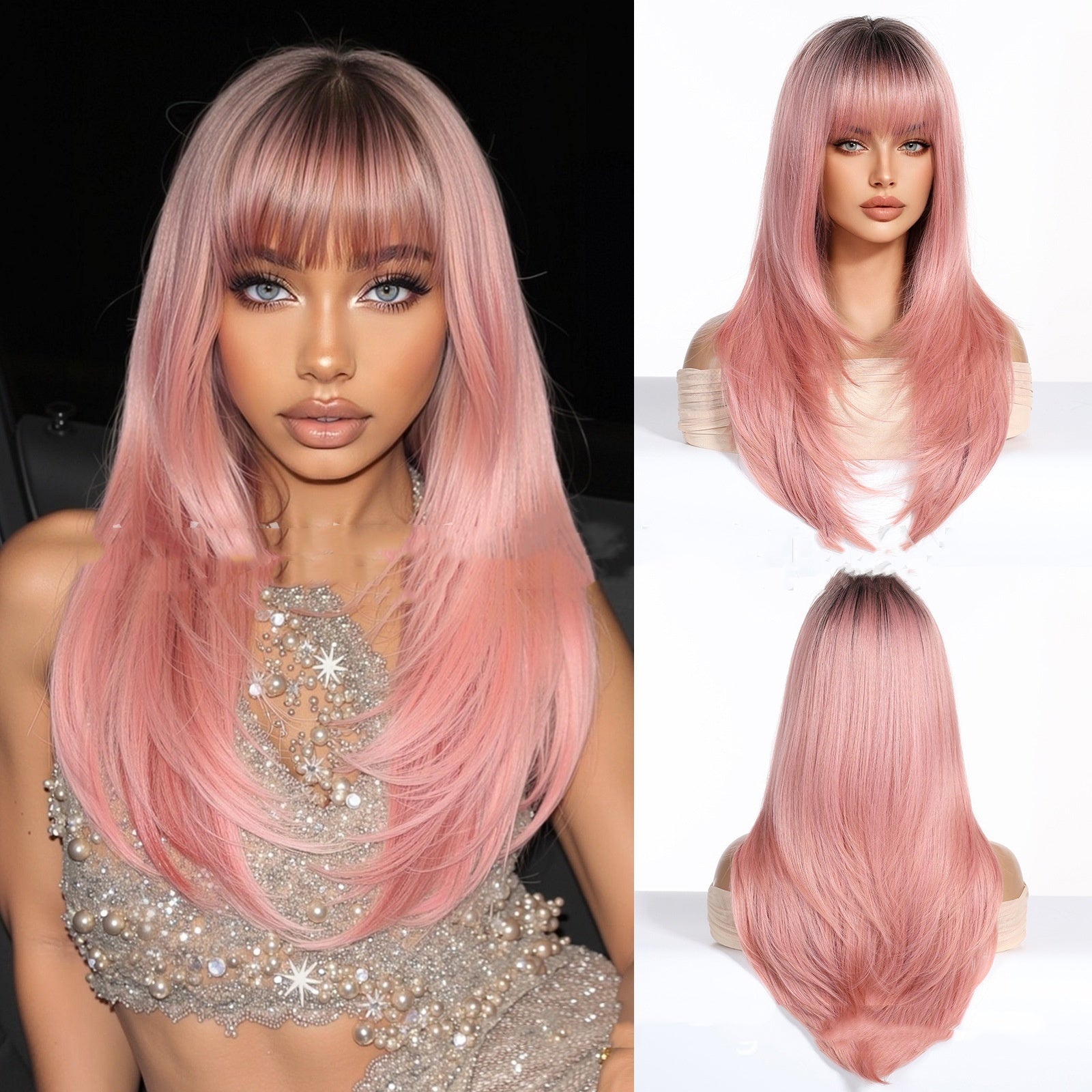 Pink wig with bangs on a white background