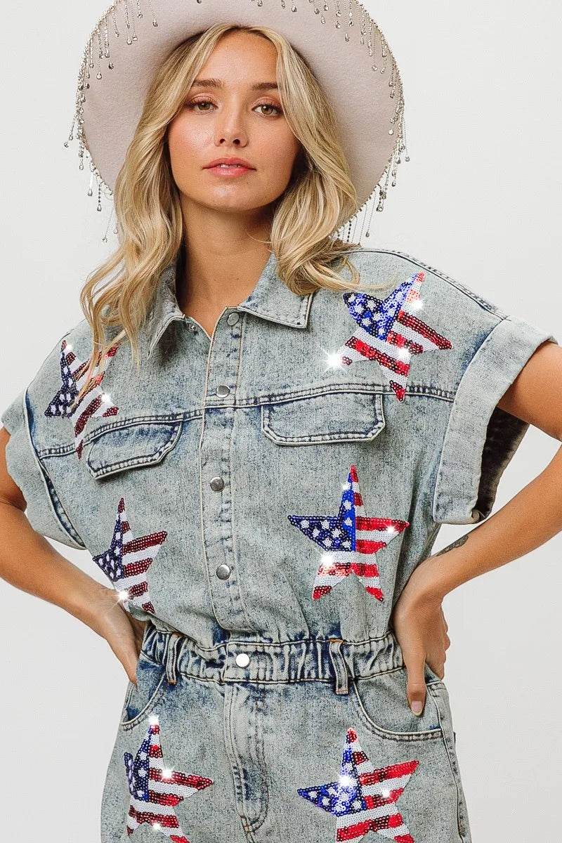 BiBi American Flag Washed Romper - Millivan supplies