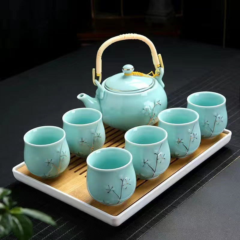 Simple Hand-painted Gold Large Teapot Ceramic - Kung Fu Tea Set Porcelain with Bamboo Tray