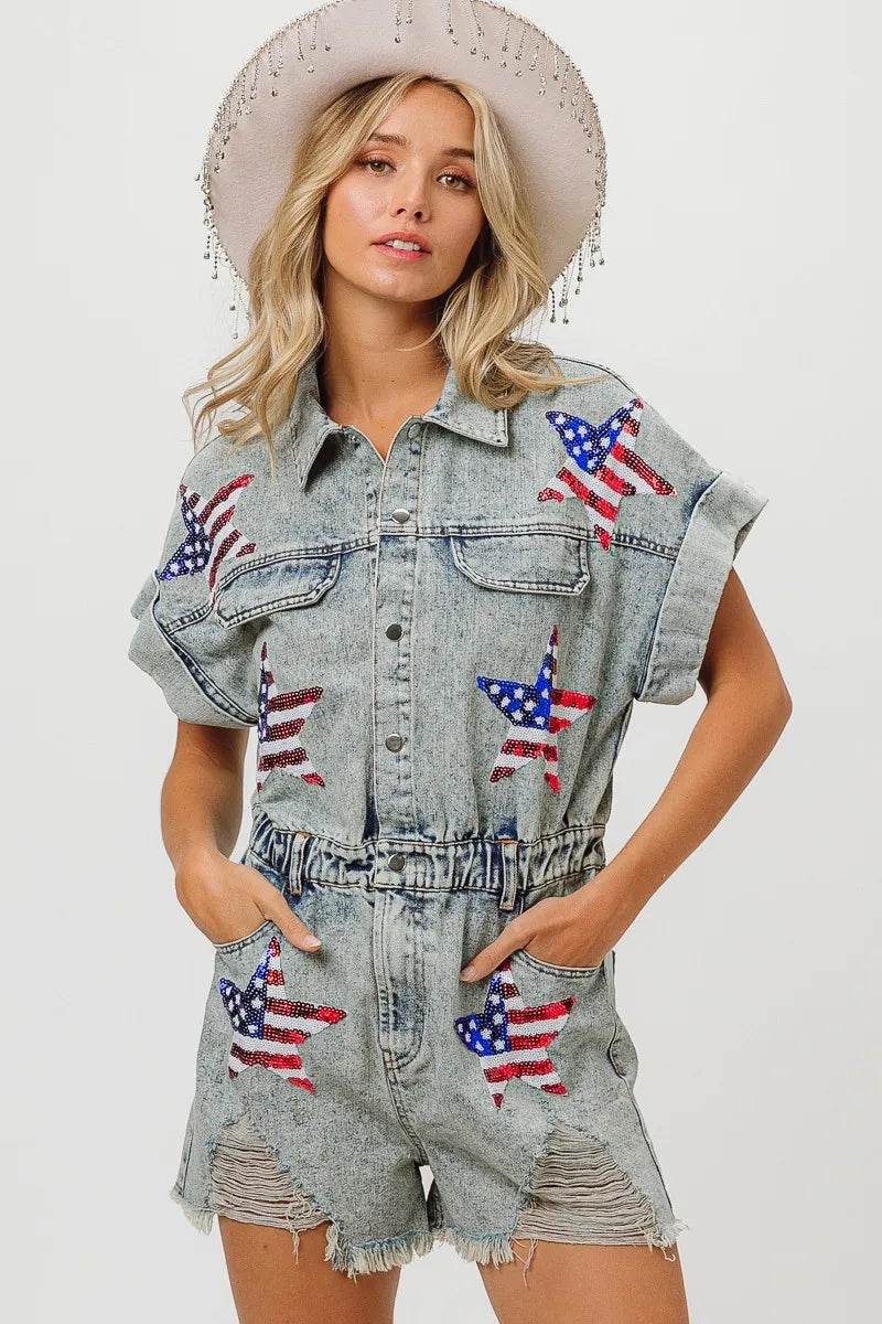 BiBi American Flag Washed Romper - Millivan supplies