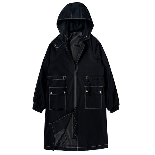 Black hooded coat with two front pockets on a white background