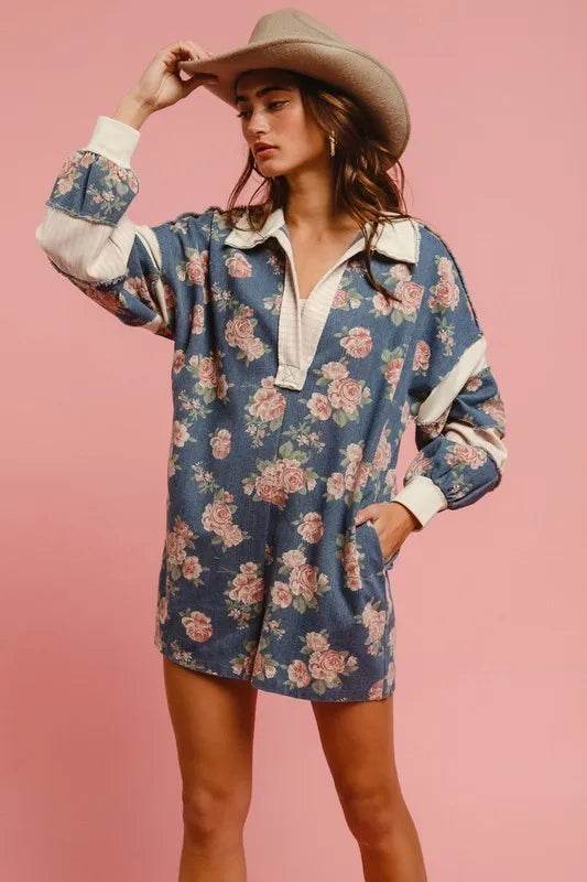BiBi Washed Floral Denim Romper With Contrast Collar - Millivan supplies