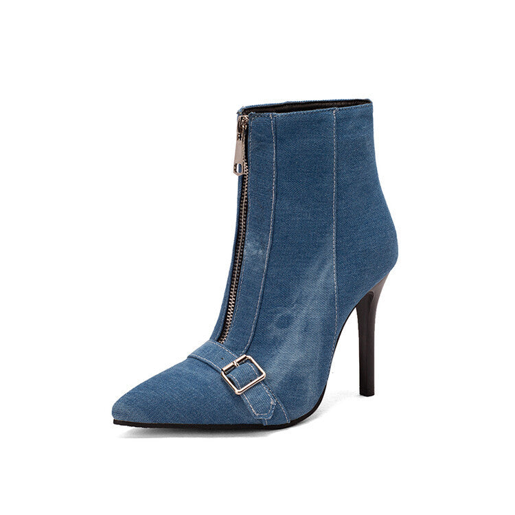 Women's Belt Buckle High Heel Boots - Front Zipper Ankle Boots
