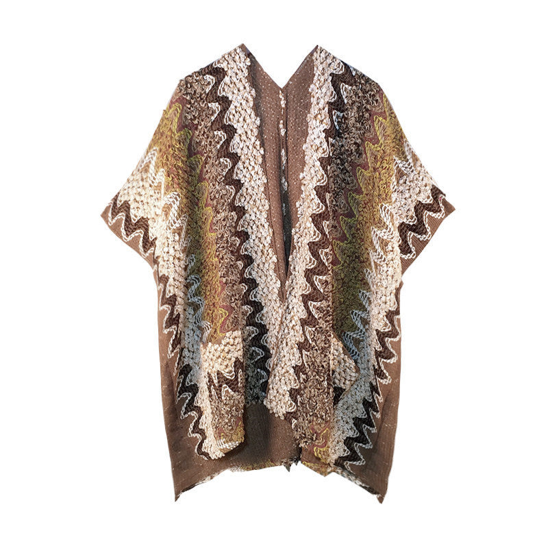 Bohemian Thick Thread Ethnic Knit Jacket - Loose Ripple Pattern Acrylic One Size