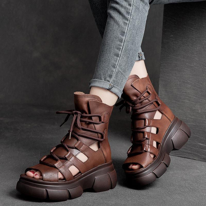 Women's Hollowed-Out Roman Sandal Boots - Open-Toe Buckle Boots