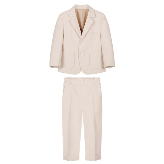 Beige suit jacket and pants on a white background