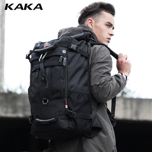 Man wearing a large black backpack with KAKA branding