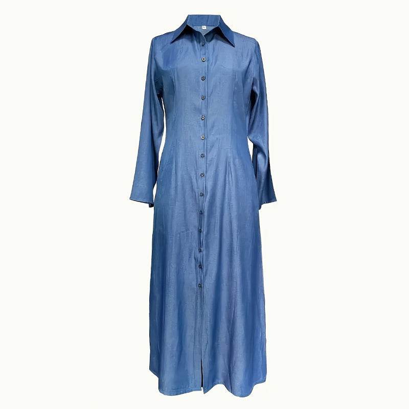 Womens Casual Button Down Denim Maxi Dress Long Sleeve Long Jean Dresses With Pockets - Millivan supplies