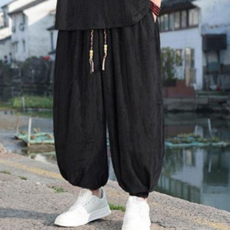 Men's Thin Short-sleeved Two-piece Suit - Black Pants Loose Fit Multiple Sizes