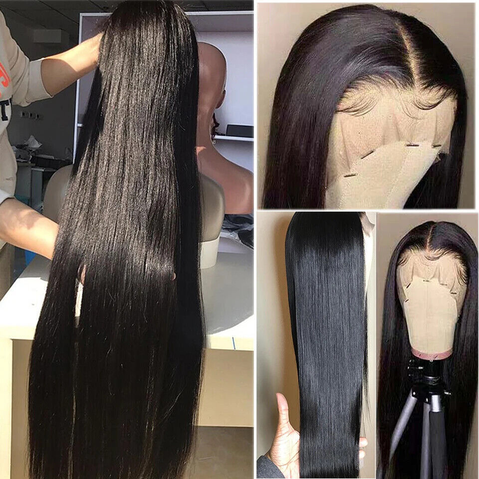 Collage of a black hair wig on a mannequin head and close-up views.
