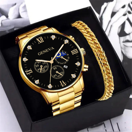 Fashion Business Men's Steel Watch - Gold Bracelet Set