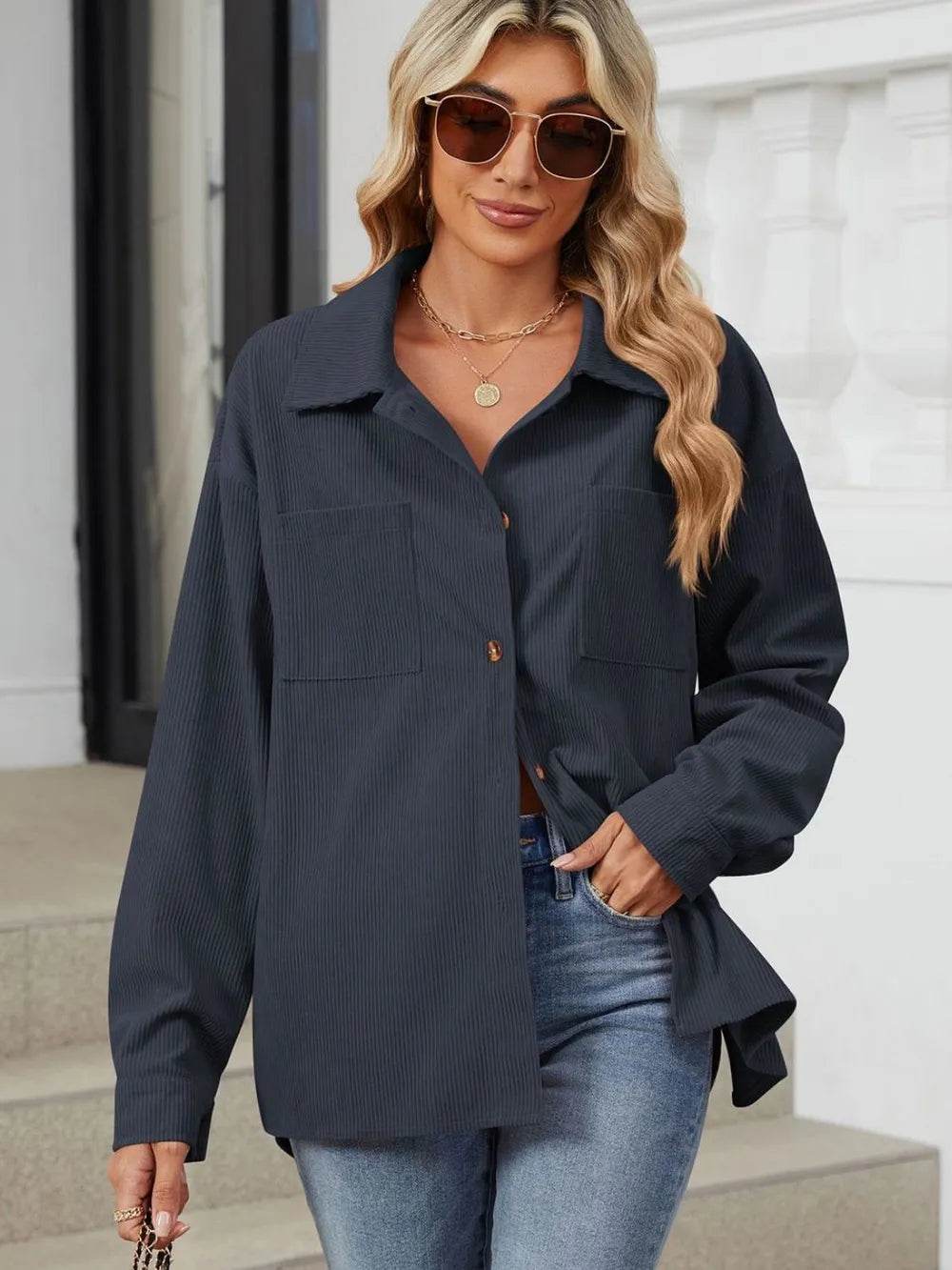 Button Up Dropped Shoulder Long Sleeve Outerwear - Millivan supplies
