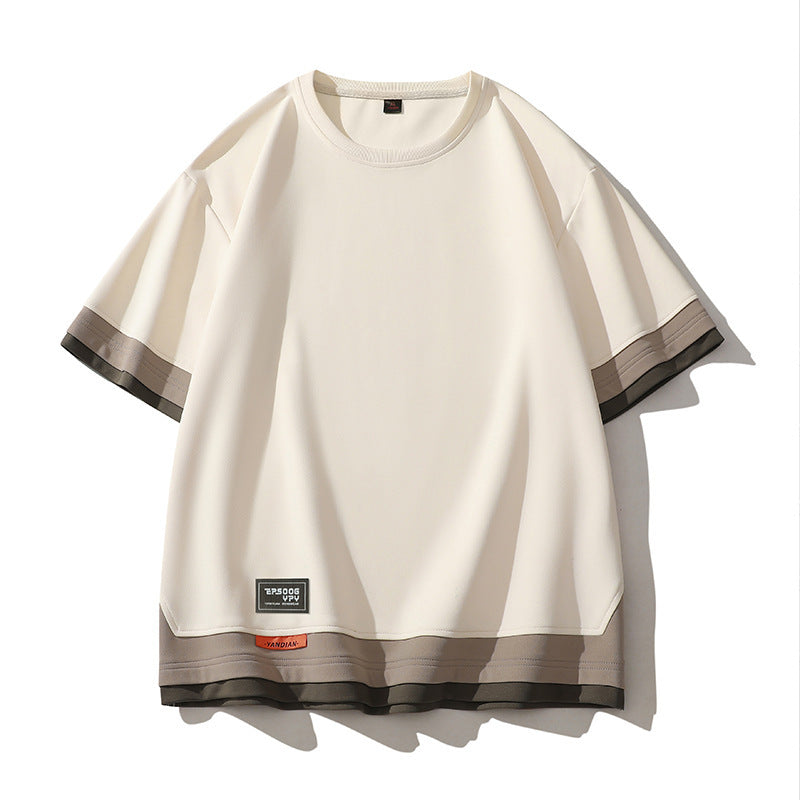 Men's Japanese Color Matching Three-Piece Shirt - Adult Short Sleeve Stitching Design
