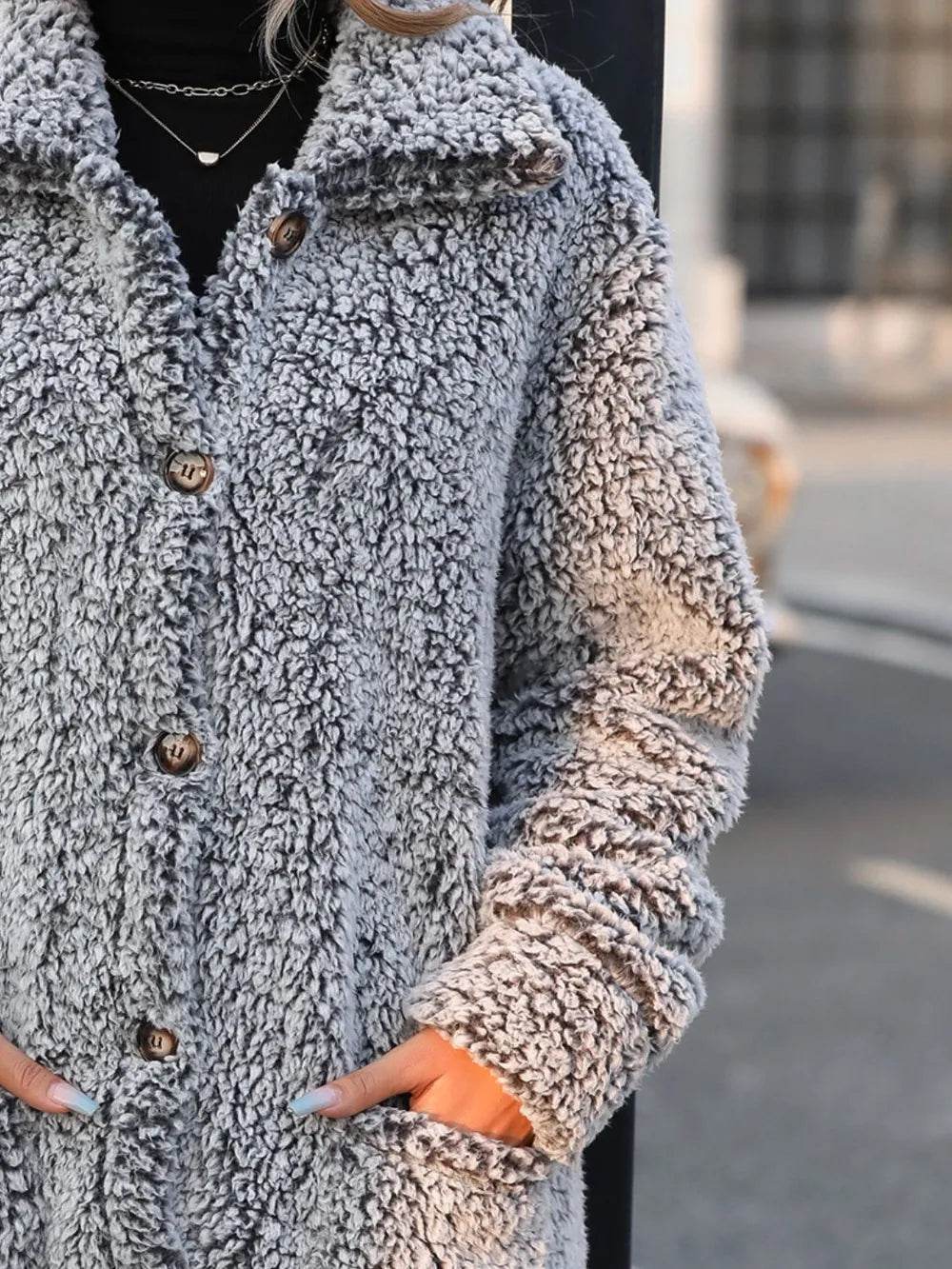 Pocketed Collared Neck Long Sleeve Plush Jacket - Millivan supplies