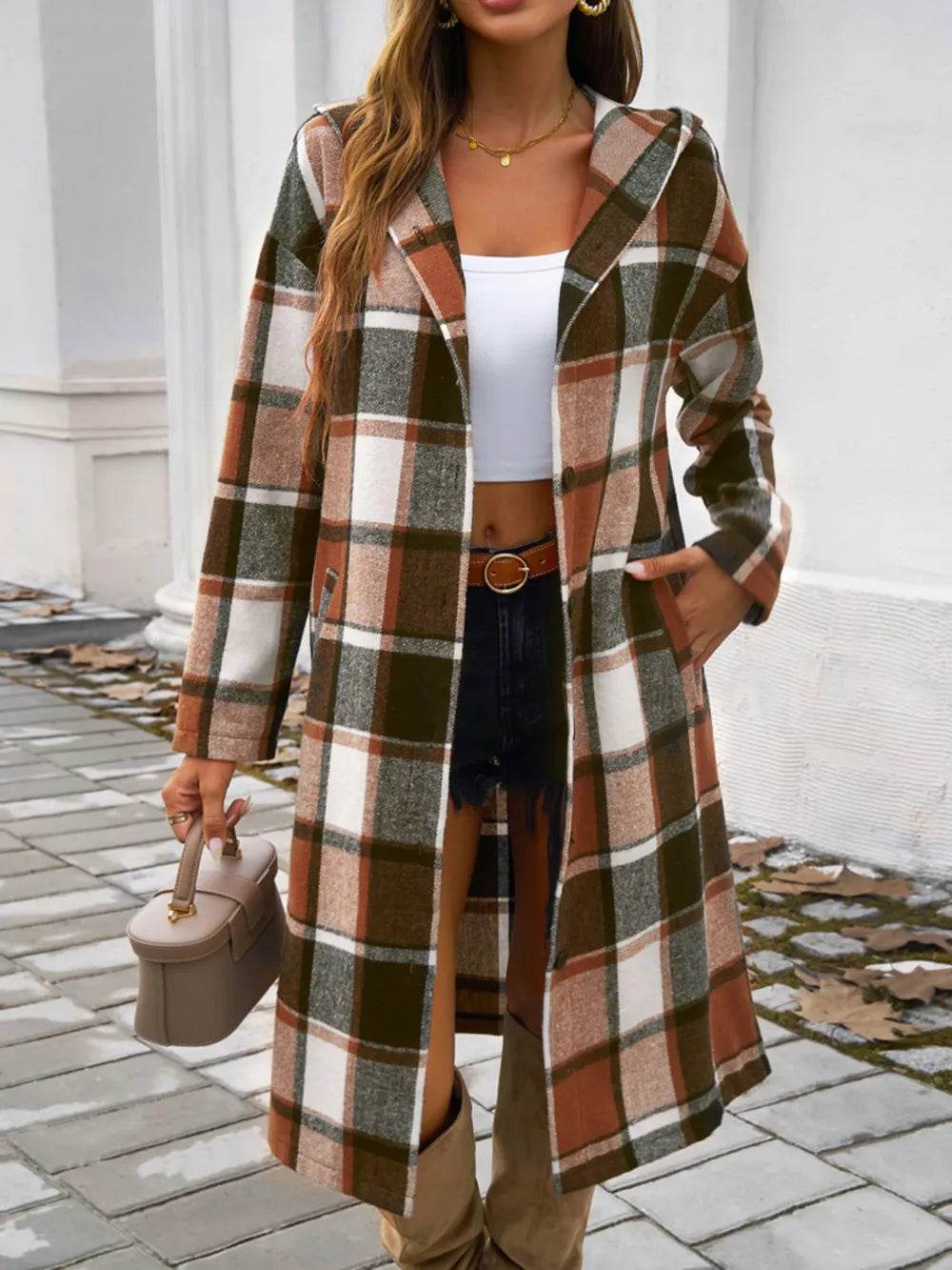 Devine Plaid Long Sleeve Hooded Coat - Millivan supplies