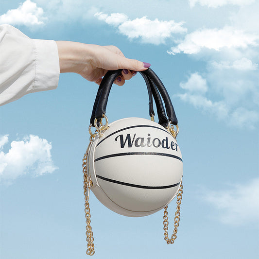 Handbag designed like a basketball with 'Waioder' branding against a blue sky.
