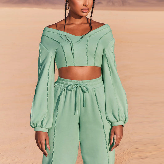 Women's Navel Cropping Short V Neck Long Sleeved Sweatshirt Sports Trousers Two Piece Suit