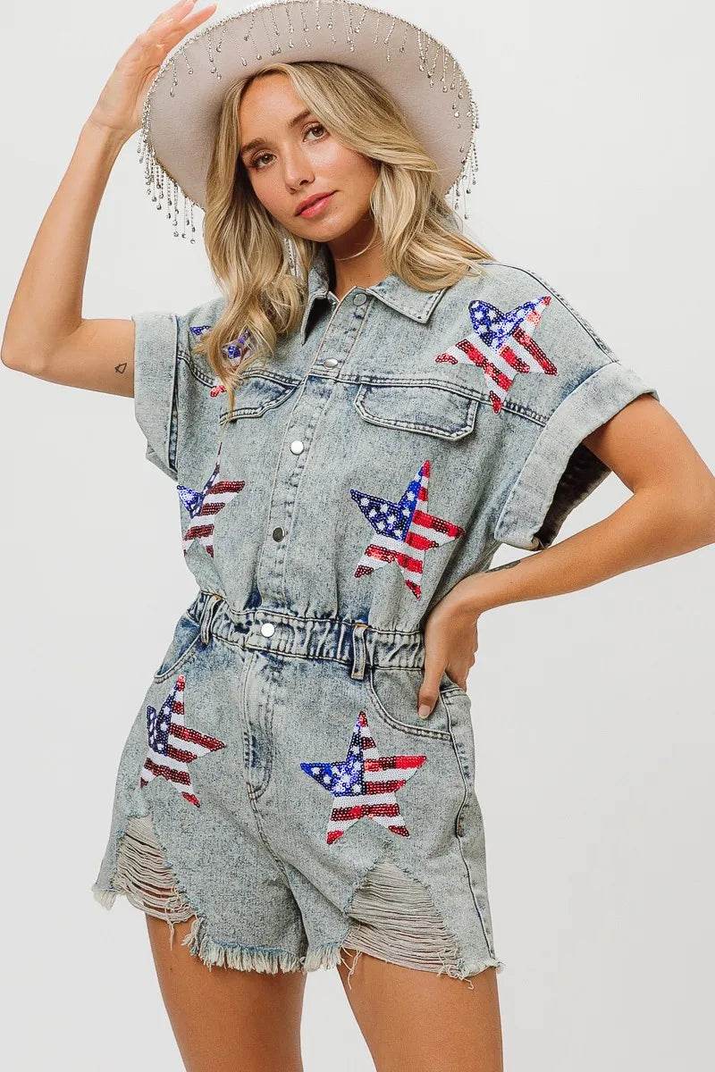 BiBi American Flag Washed Romper - Millivan supplies