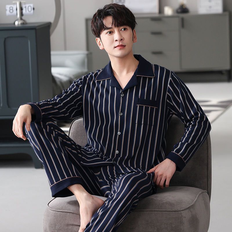 Men's Cotton Pajama Suit - Adult Autumn Winter Long-Sleeve Home Wear