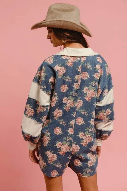 BiBi Washed Floral Denim Romper With Contrast Collar - Millivan supplies