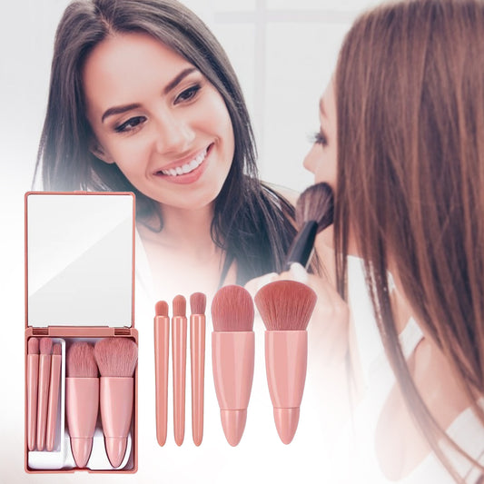5Pcs Makeup Brushes Tool Set Cosmetic Powder Eye Shadow Foundation Blush Blending Make Up Brush - Pink with Mirror