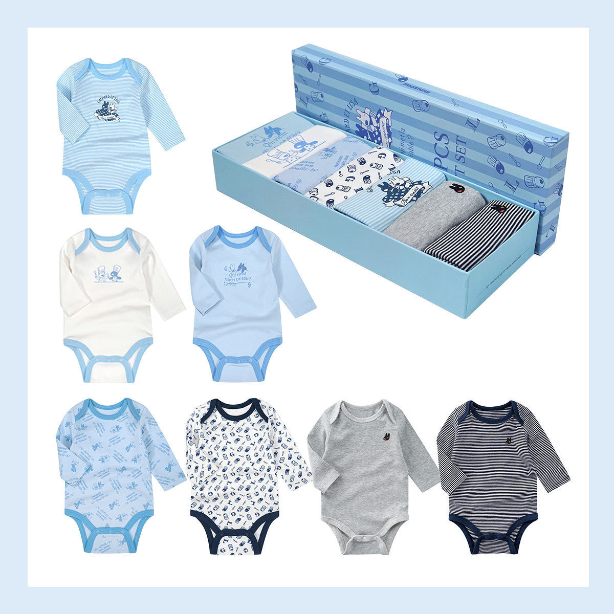 Unisex Baby Cotton Romper Set - Infant Seven-Piece Long-Sleeve Collection