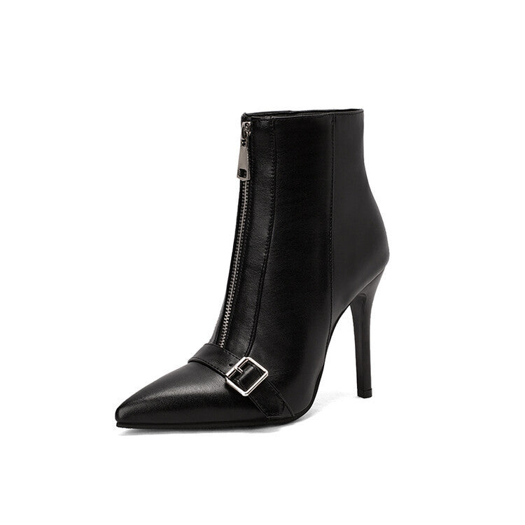 Women's Belt Buckle High Heel Boots - Front Zipper Ankle Boots