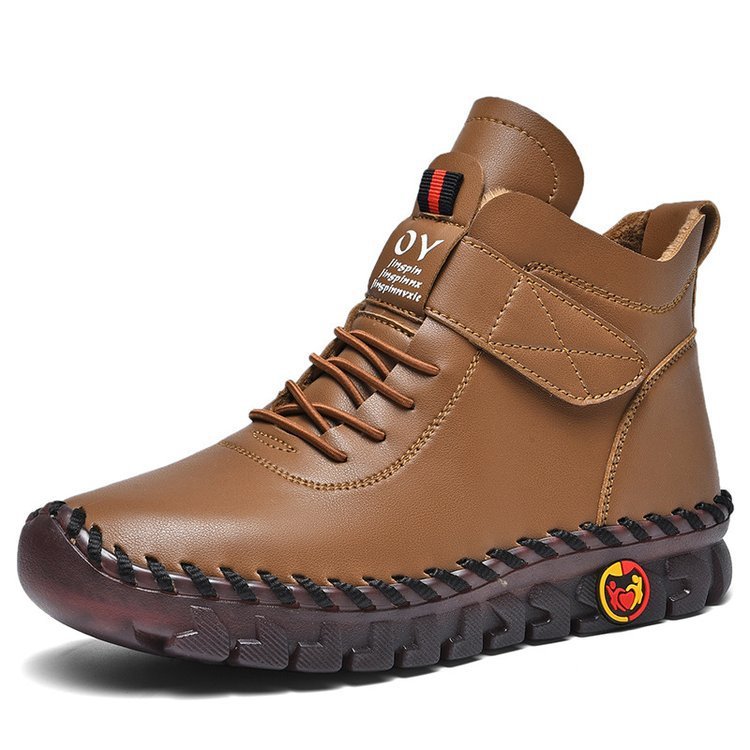 Brown leather boot with brand logo on a white background
