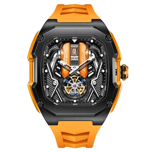 Orange and black watch with detailed design on a white background