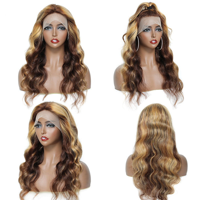 Set of four wigs on mannequin heads with different angles showing the hair style.