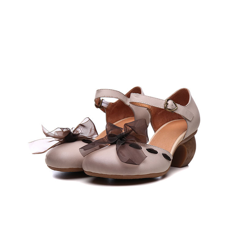 Elegant Sweet Flowers Leather Mid Heel Women's Shoes - Round-toe Sandles